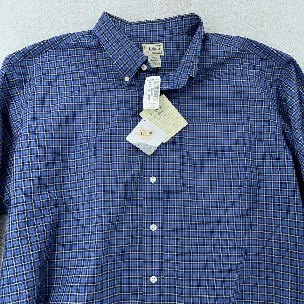L.L.Bean Shirt Mens 2XL Blue Tartan Button Down Wrinkle Resistant Plaid Teflon